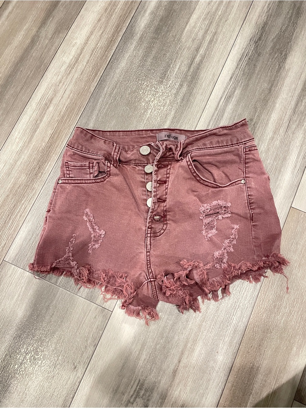 Refuge Button-Fly High-Waist Shorts in Dusty Rose